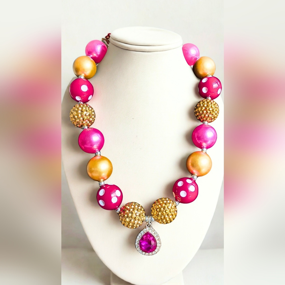 Vibrant Pink and Gold Crystal Teardrop Bubble Beaded Necklace for Toddler Girl